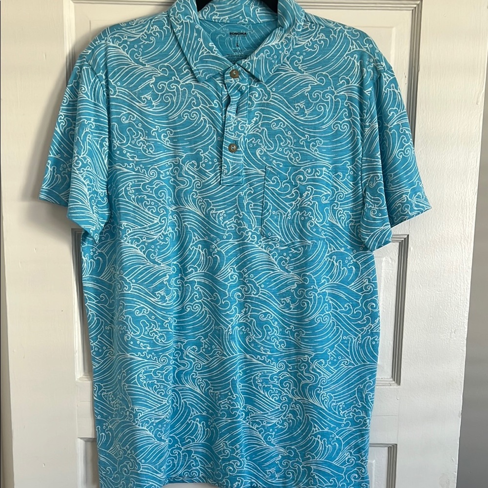 Sonoma Shirt Polo Adult Large Blue Ocean Waves Short Sleeve Cotton Casual Mens